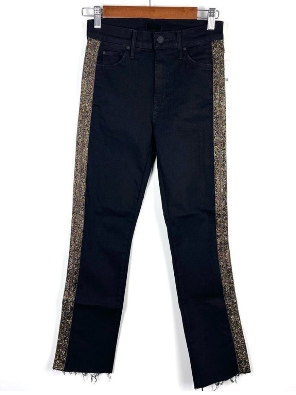 Mother Denim The Rascal Ankle Fray Jeans NWT 25 High Rise Gold Beaded Black